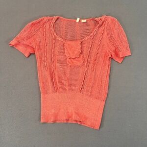 Anthropologie Moth Linen Womens‎ Sz Sm SS Shirt Floral Knit Lace Bib Detail Boho